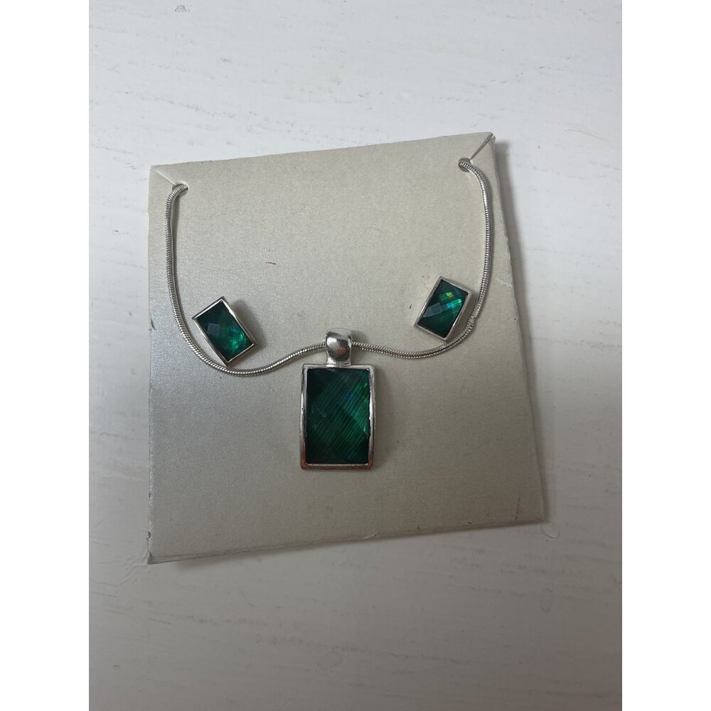 Silver Snake Chain Necklace & Earring Set With Green Stone Pendant & Studs